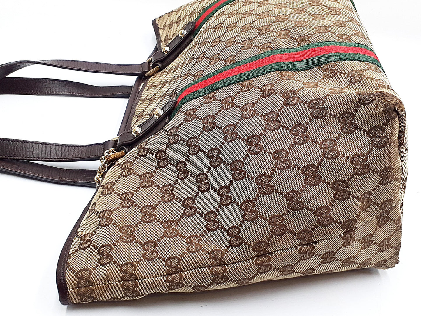 GUCCI 4-piece set: GG canvas, Sherry line, wood handle, leather tote, leather shoulder bag