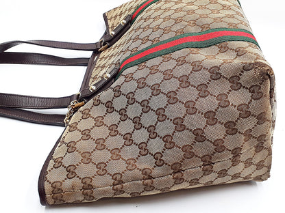 GUCCI 4-piece set: GG canvas, Sherry line, wood handle, leather tote, leather shoulder bag