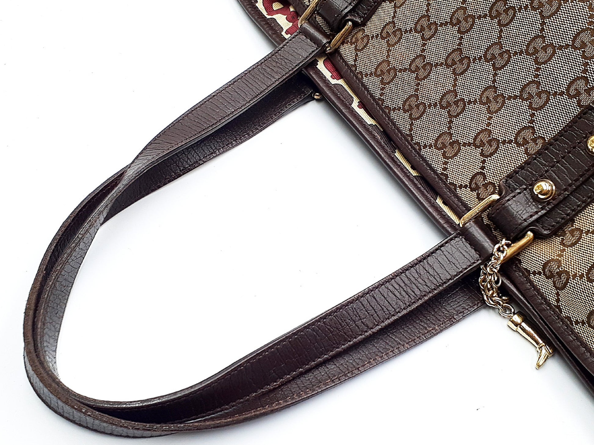 GUCCI 4-piece set: GG canvas, Sherry line, wood handle, leather tote, leather shoulder bag