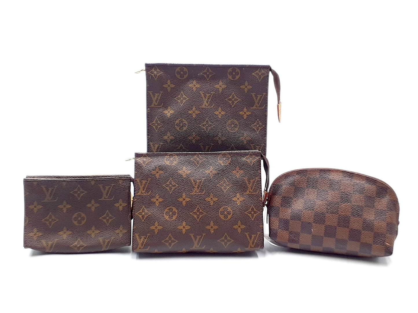 LOUIS VUITTON Monogram 4-Piece Set: Monogram Poche Toilette 15, Poche Toilette 19, Damier Cosmetic Pouch
