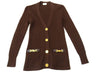 CELINE Vintage Wool Knit Cardigan with Leather Gold Buttons, Engraved Logo, and Gold Chain Design