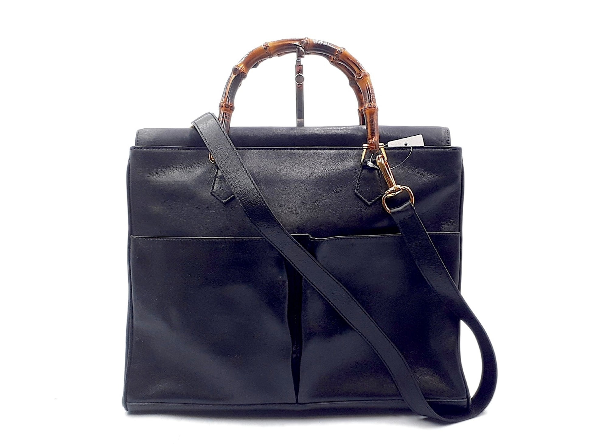 GUCCI Bamboo 2-way Handbag with Strap, Bamboo Leather, Gold Hardware