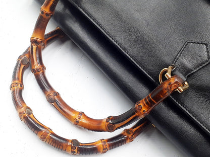 GUCCI Bamboo 2-way Handbag with Strap, Bamboo Leather, Gold Hardware