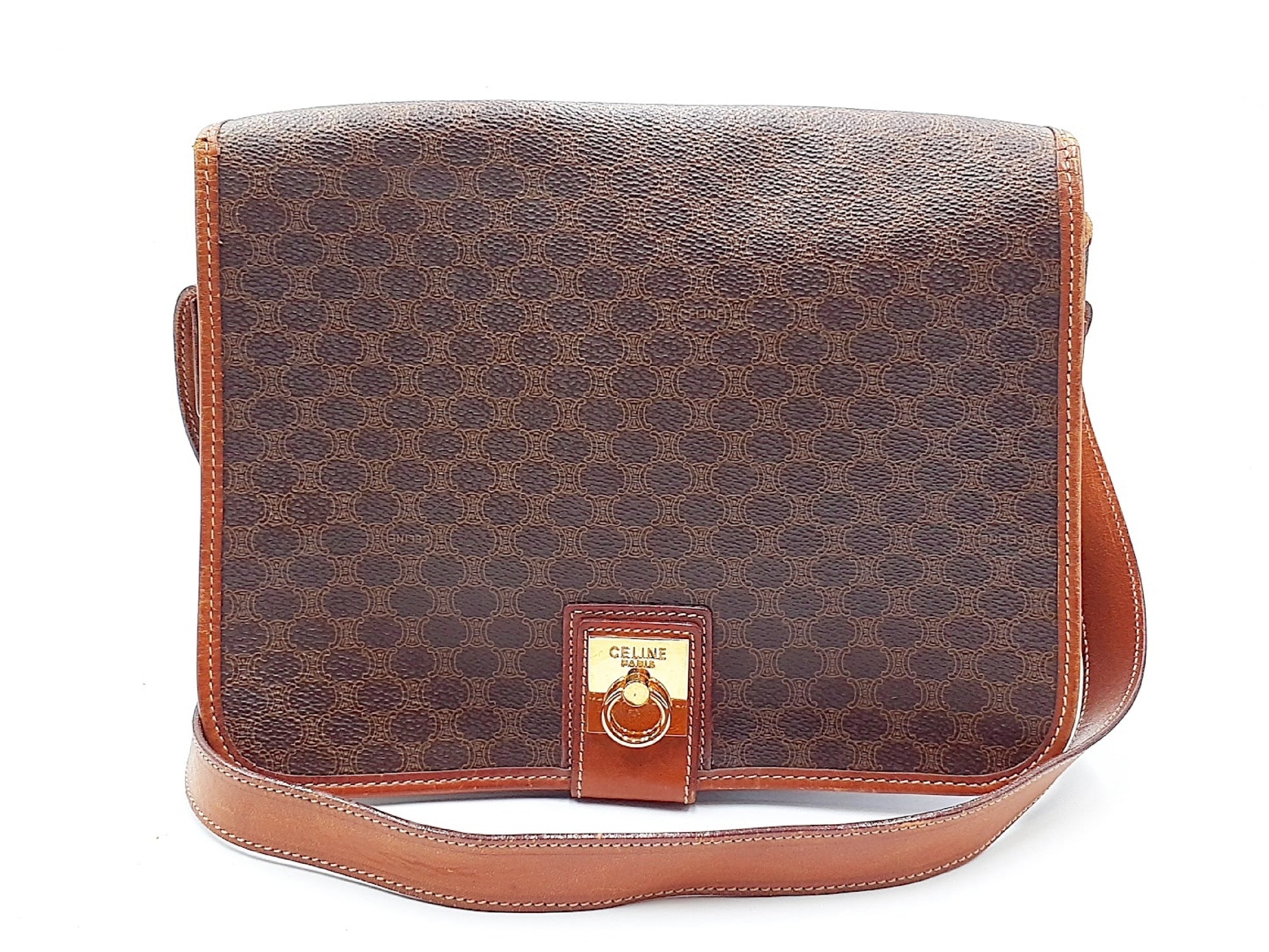 CELINE Macadam pattern gold hardware leather shoulder bag