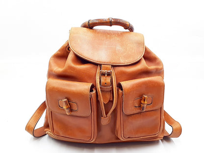 GUCCI Bamboo Leather Backpack with Gold Hardware 003.58