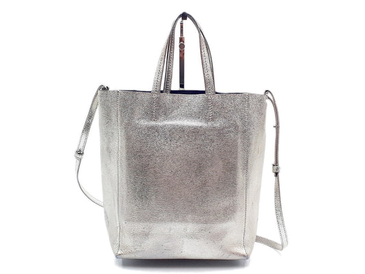 CELINE Vertical Cabas Small Leather 2-Way Silver Shoulder Bag