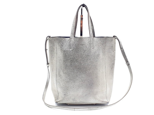 CELINE Vertical Cabas Small Leather 2-Way Silver Shoulder Bag
