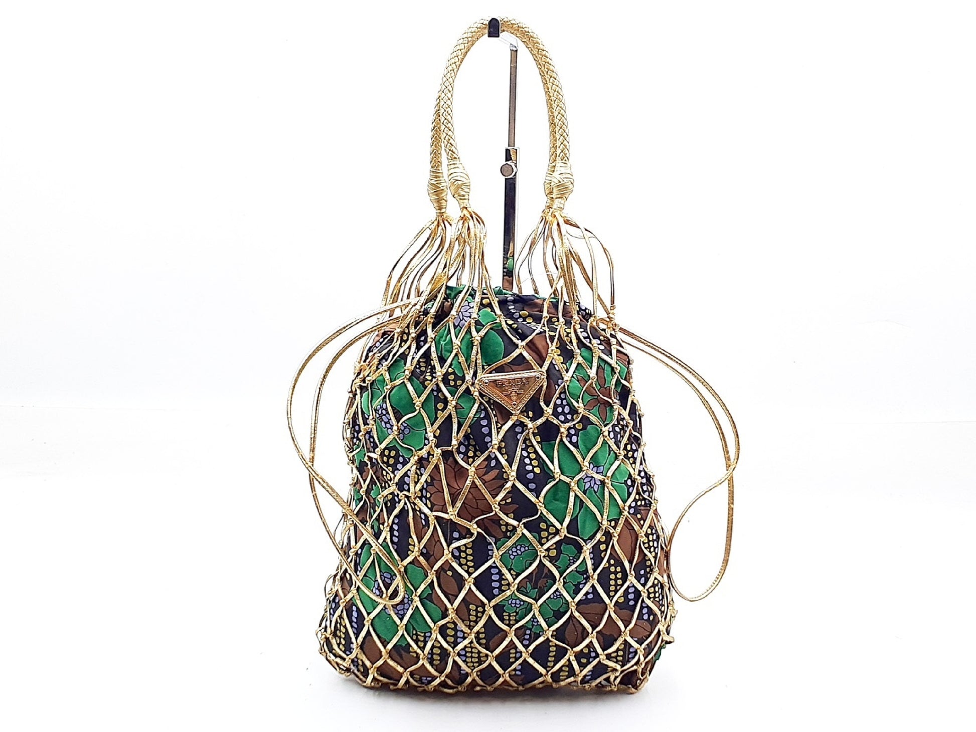 PRADA Gold Mesh Triangle Plate Leather Handbag