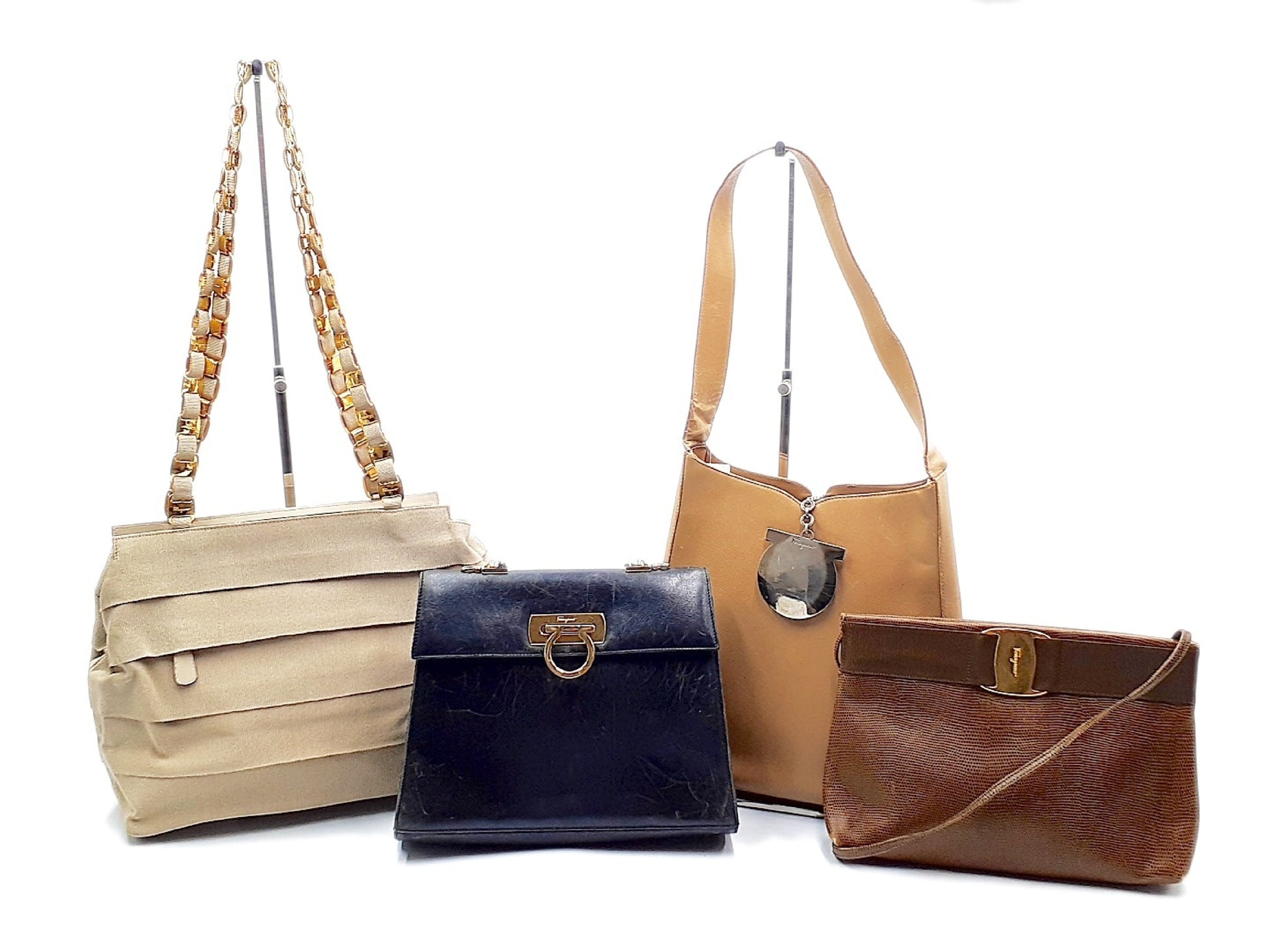 Salvatore Ferragamo Gancini 4-Piece Set Gancini Vara Lizard Leather Chain Shoulder Bag with Gold Hardware