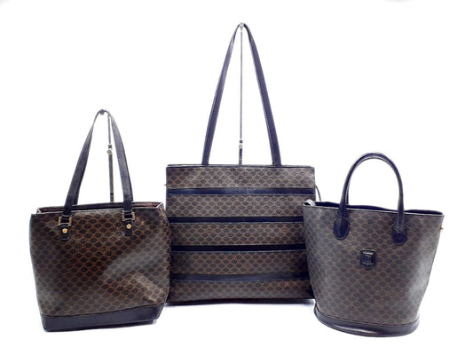 CELINE 3-Piece Macadam Pattern Black Leather Vintage Bag Set