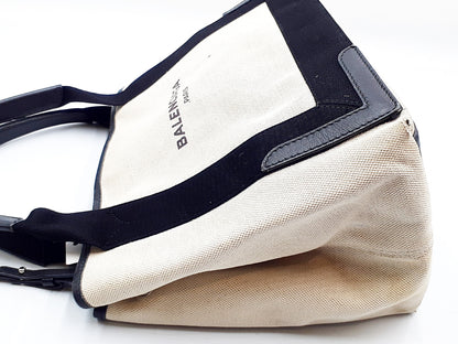 BALENCIAGA Navy Cabas Canvas and Leather Handbag with Pouch 339933