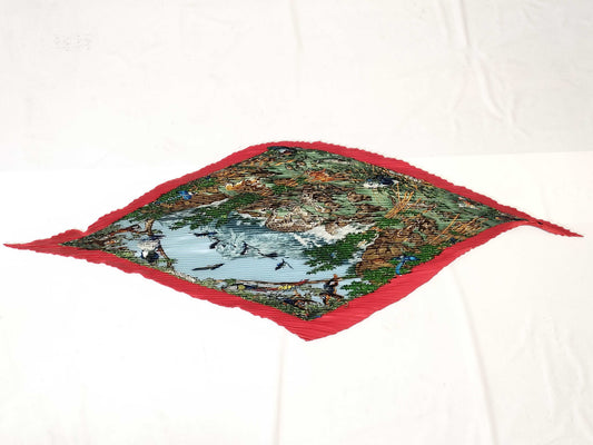 HERMES HERMES Pleated Scarf Animal Print 100% Silk Red Scarf Accessory Scarf