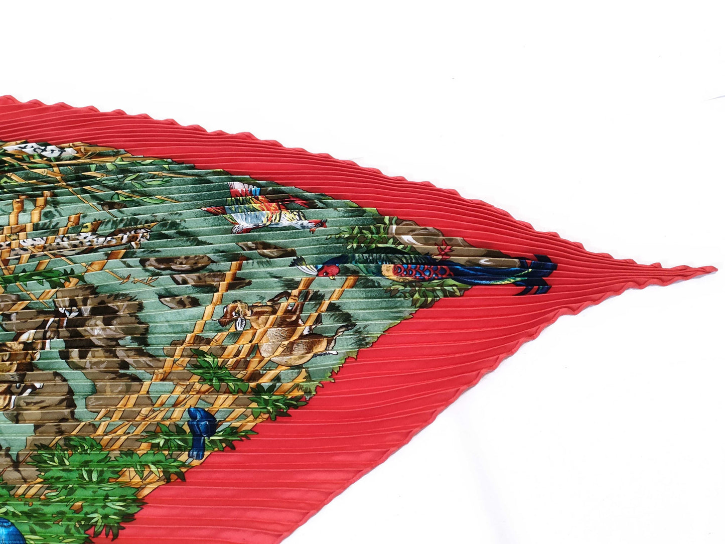 HERMES HERMES Pleated Scarf Animal Print 100% Silk Red Scarf Accessory Scarf