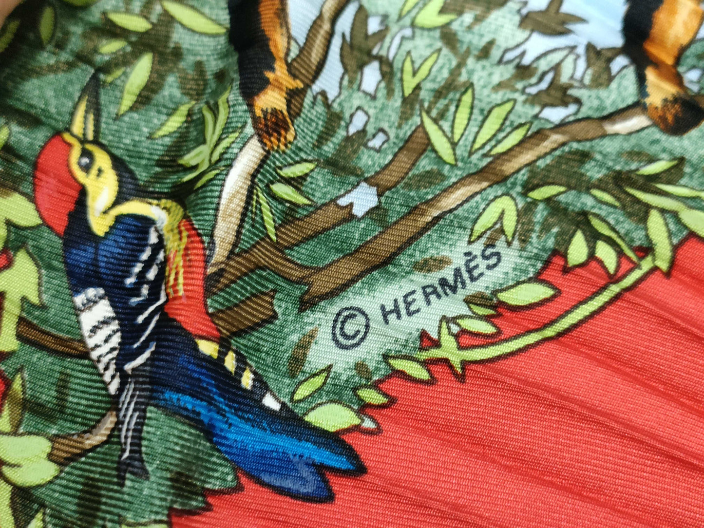 HERMES HERMES Pleated Scarf Animal Print 100% Silk Red Scarf Accessory Scarf