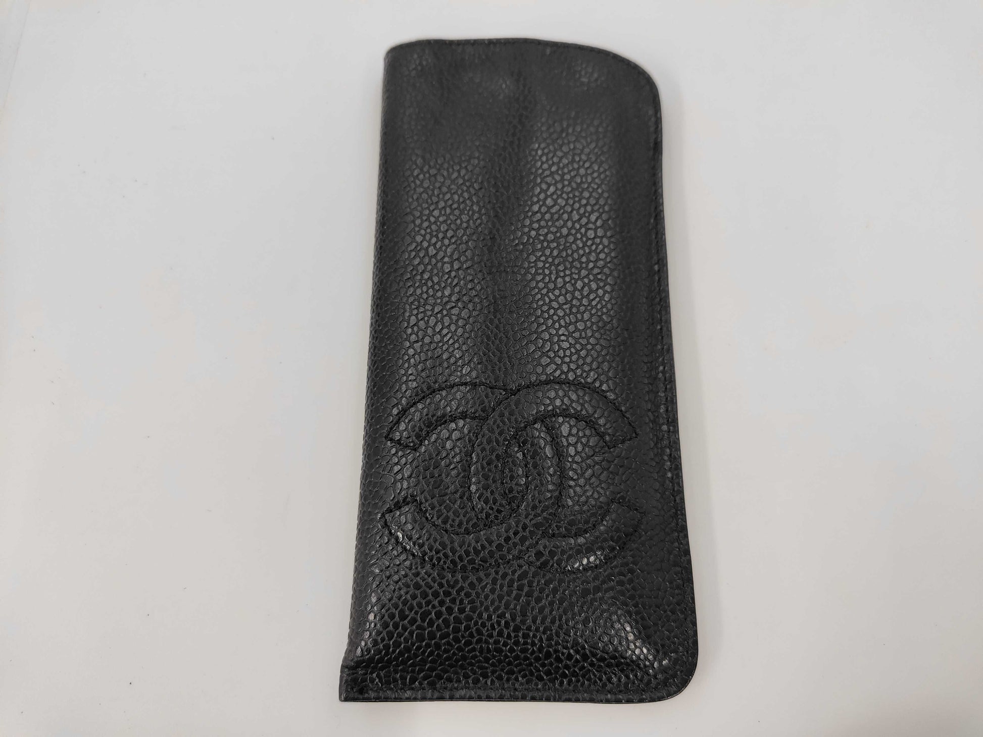 CHANEL Caviar Skin Coco Mark Black Leather Eyeglass Case Accessories Other Accessories