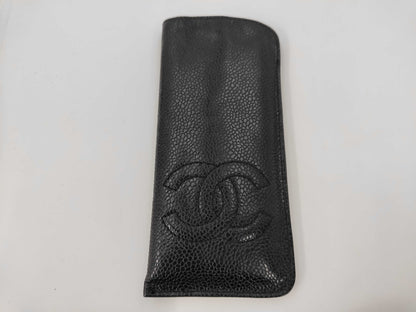 CHANEL Caviar Skin Coco Mark Black Leather Eyeglass Case Accessories Other Accessories