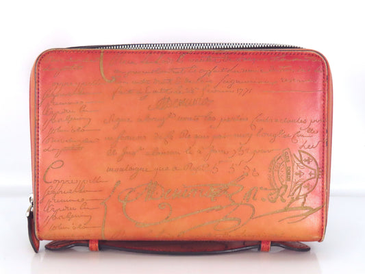 Berluti BERLUTI Itauba Wide Patina Scritto Calligraphy Leather Second Clutch Bag