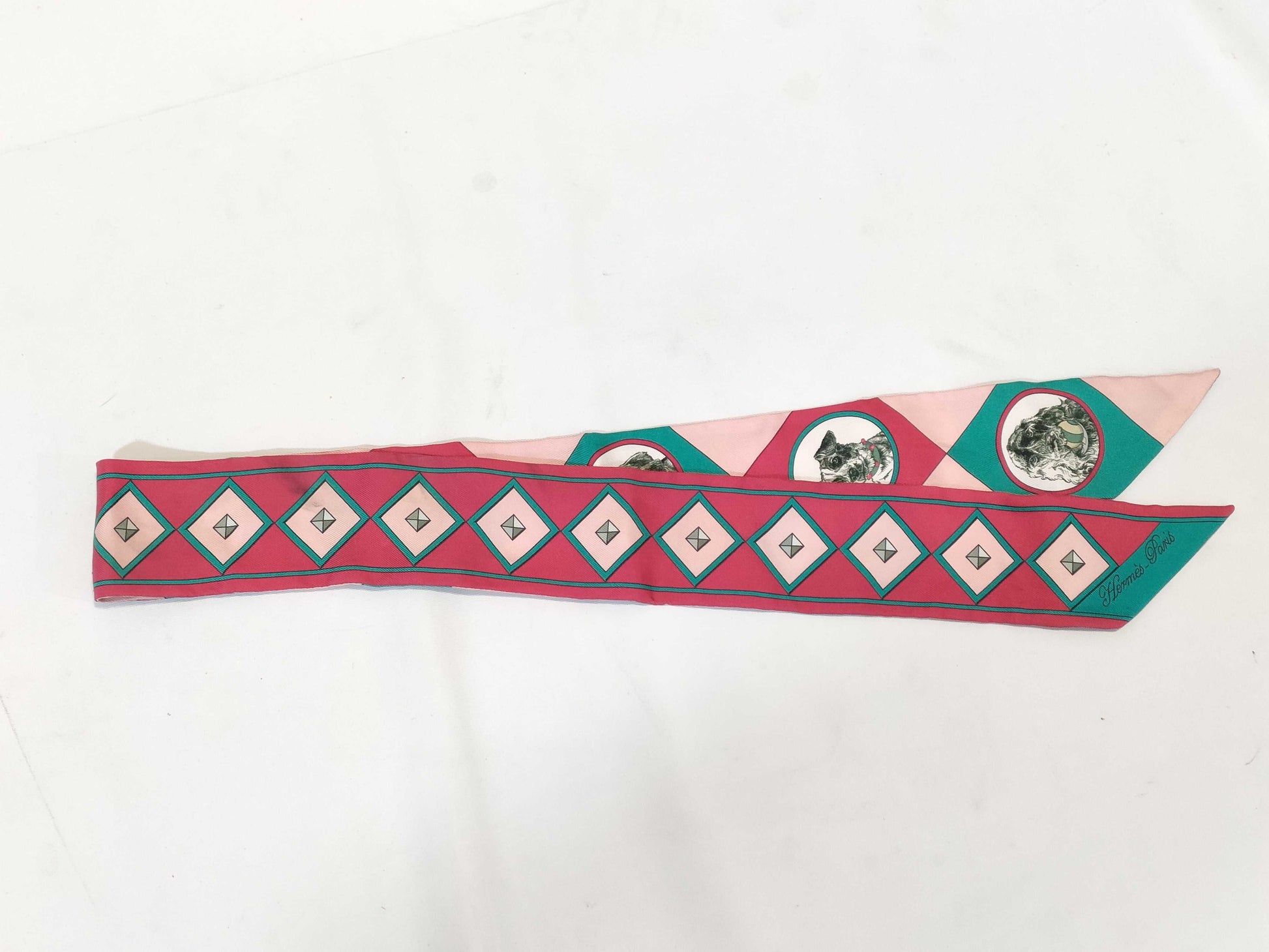 HERMES Twilly Scarf, Colliers et Chiens, Collar and Dog, 100% Silk, Scarf, Accessory, Scarf