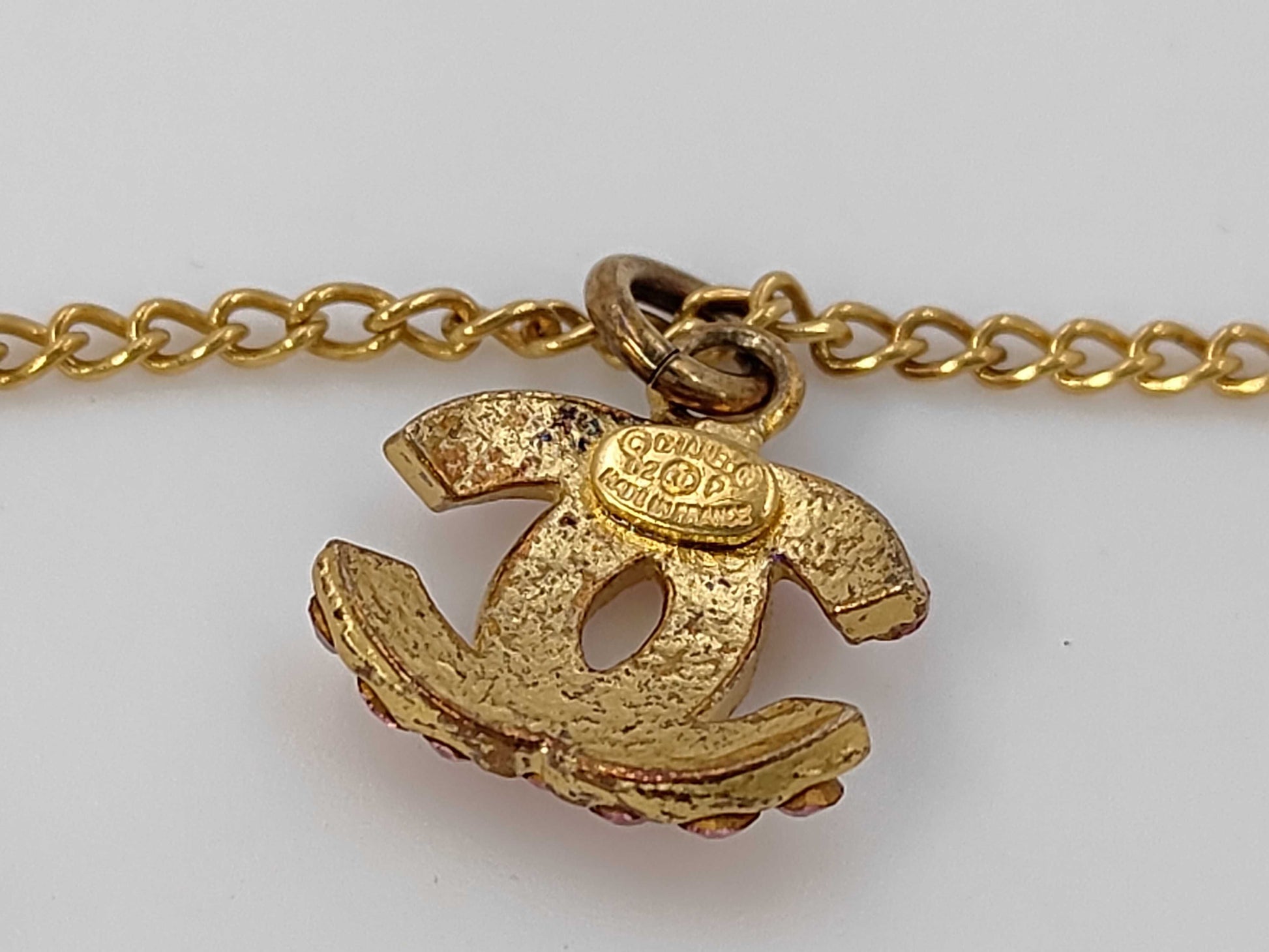 CHANEL 02P Coco Mark Rhinestone Pink Gold GP Necklace