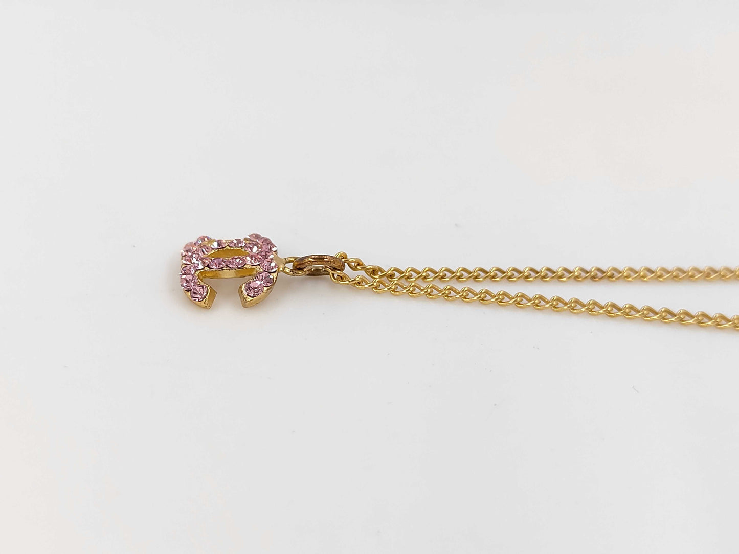 CHANEL 02P Coco Mark Rhinestone Pink Gold GP Necklace