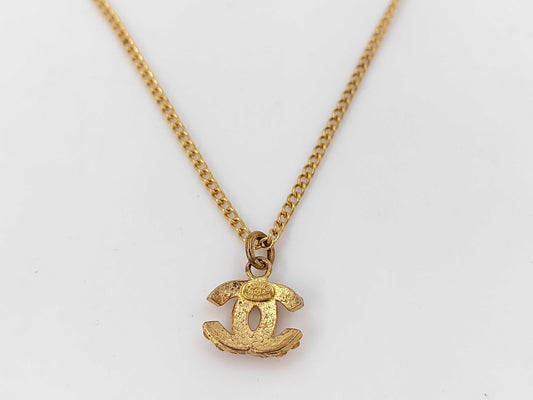 CHANEL 02P Coco Mark Rhinestone Pink Gold GP Necklace