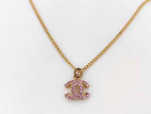 CHANEL 02P Coco Mark Rhinestone Pink Gold GP Necklace