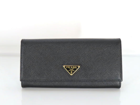 PRADA 1MH132 Triangle Logo Gold Black Saffiano Long Wallet
