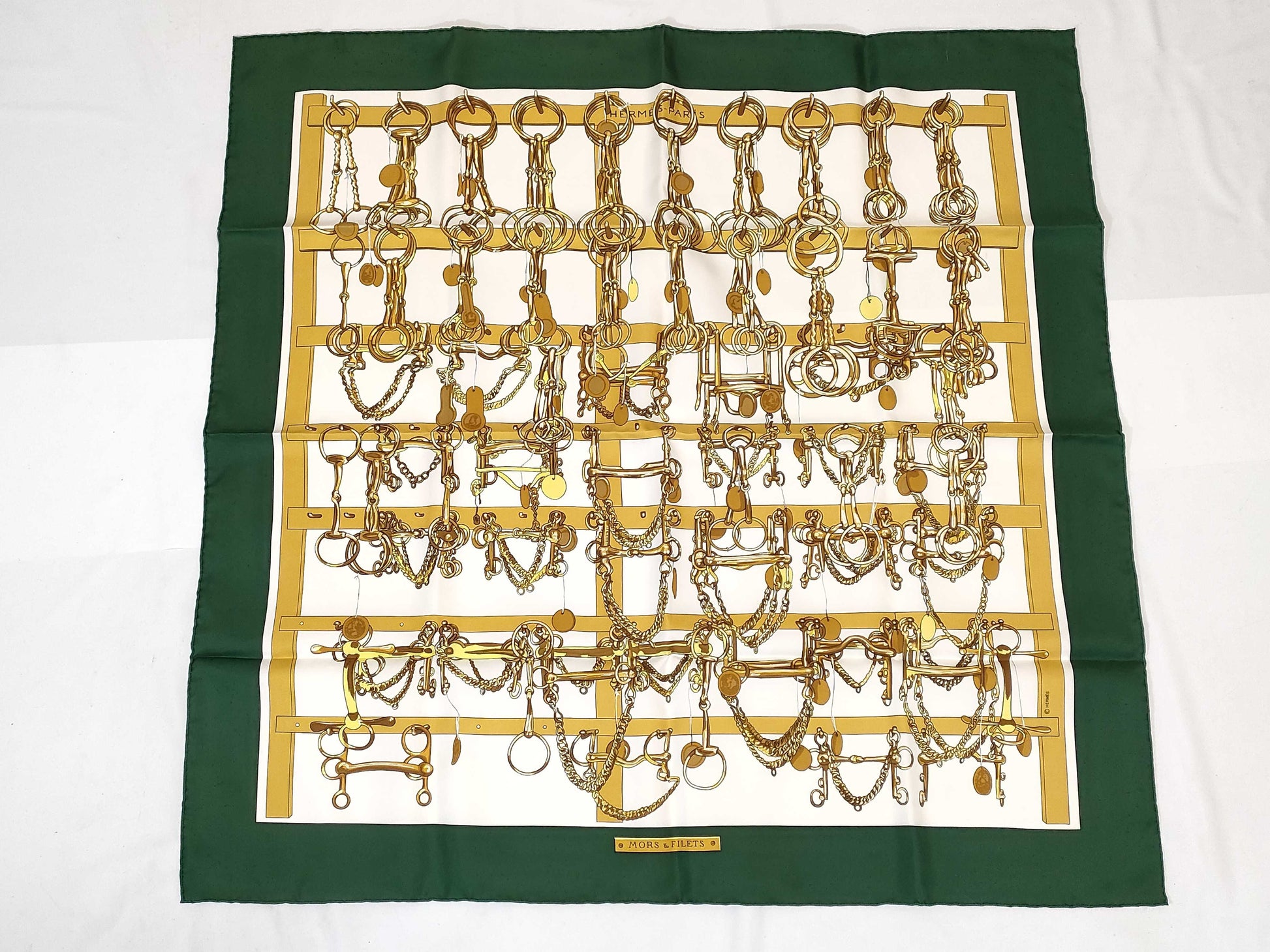 HERMES Carré HERMES Carré 90 MORS&FIETS Saddlery and Bits Green 100% Silk Scarf