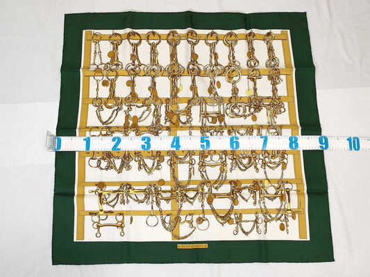 HERMES Carré HERMES Carré 90 MORS&FIETS Saddlery and Bits Green 100% Silk Scarf