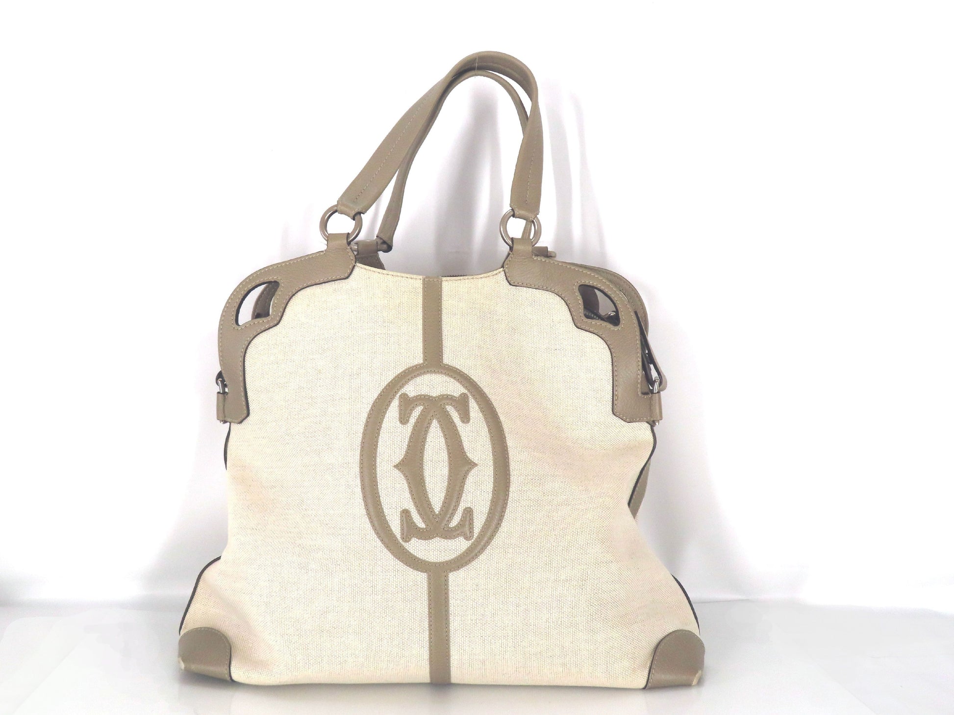 Cartier Marcello Canvas and Leather Greige Handbag, 2-Way, Hand/Shoulder Bag