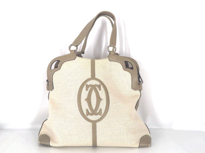 Cartier Marcello Canvas and Leather Greige Handbag, 2-Way, Hand/Shoulder Bag