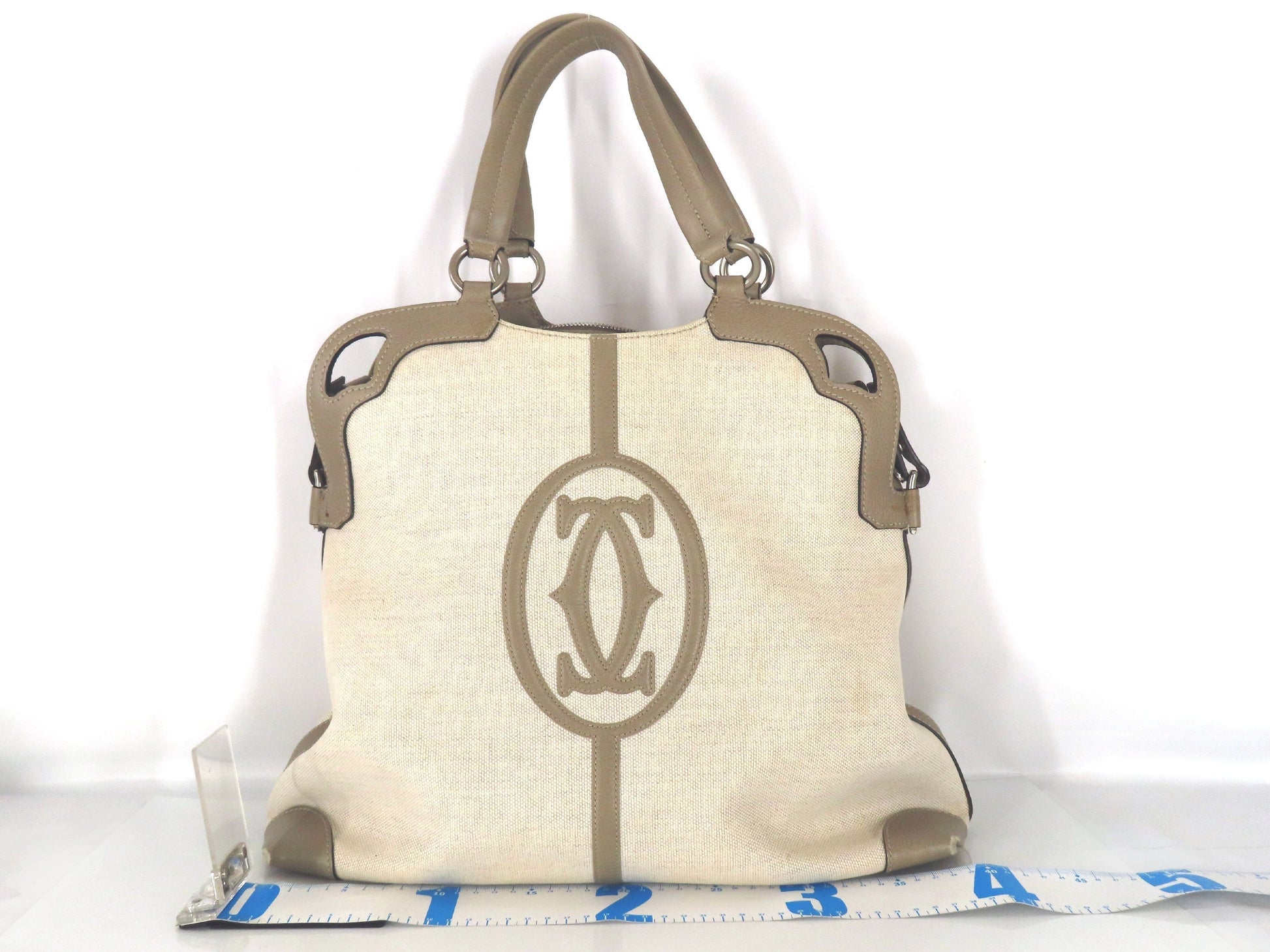 Cartier Marcello Canvas and Leather Greige Handbag, 2-Way, Hand/Shoulder Bag