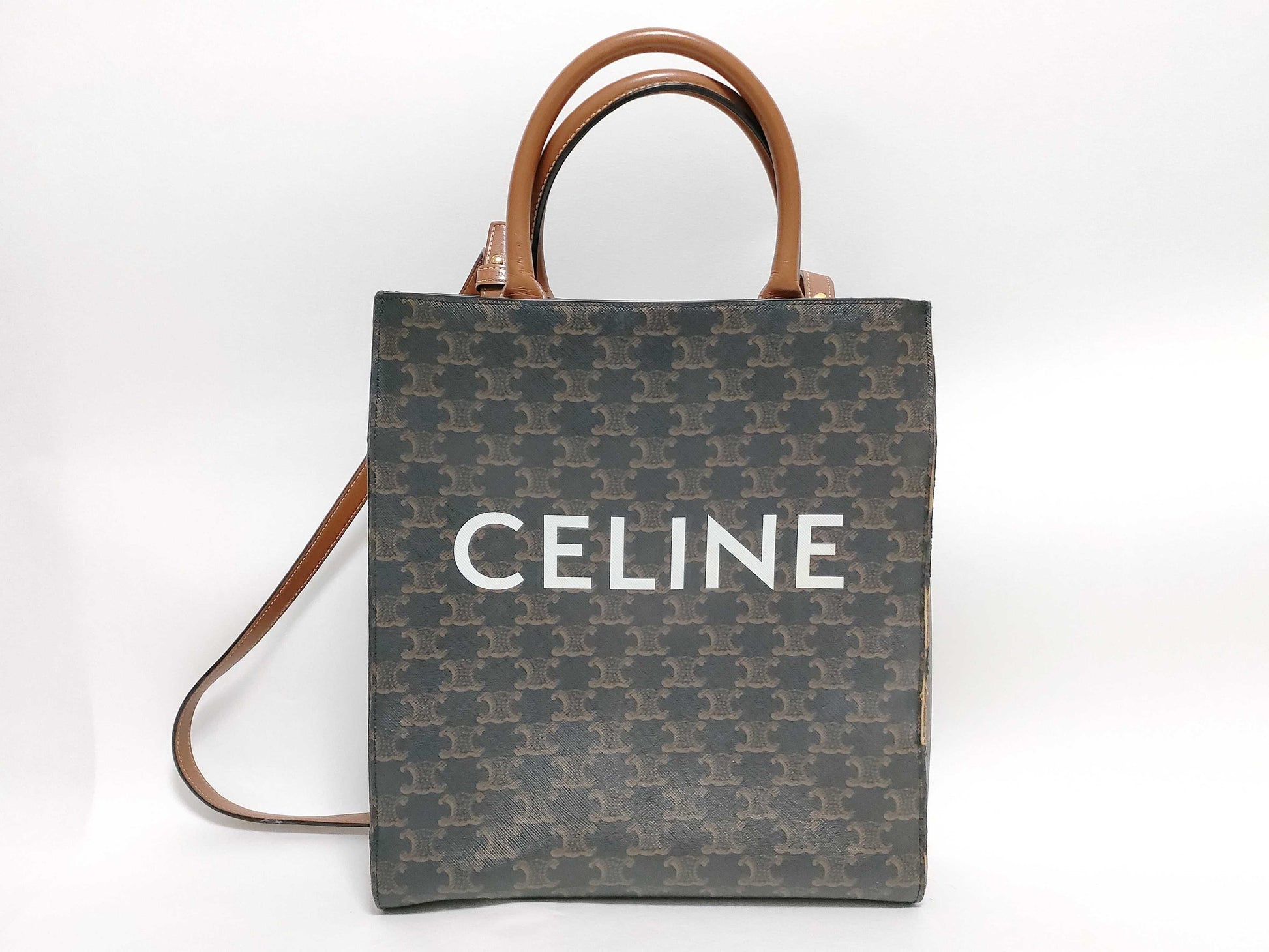 CELINE Vertical Cabas Logo Triomphe Brown PVC and Leather Handbag 2-Way Shoulder Bag