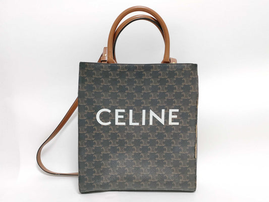 CELINE Vertical Cabas Logo Triomphe Brown PVC and Leather Handbag 2-Way Shoulder Bag