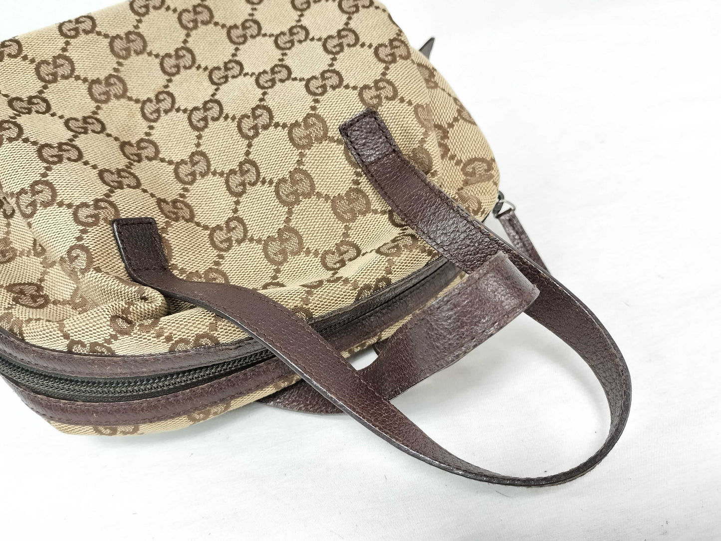 GUCCI GG Canvas Handbag, Brown Leather, 124542