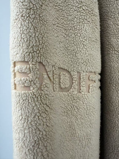 FENDI FENDI Made in Italy Logo Embroidered Hooded Boa Coat Beige Mid-Length Outerwear Coat