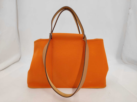 HERMES Cabag Elan 39 PM Toile Officier x Leather Orange x Brown Silver Hardware □N Stamp Tote Bag