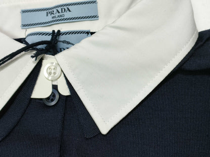 PRADA Prada 24 Wool Knit Top with Detachable Collar, DNA00T Navy, Size 44