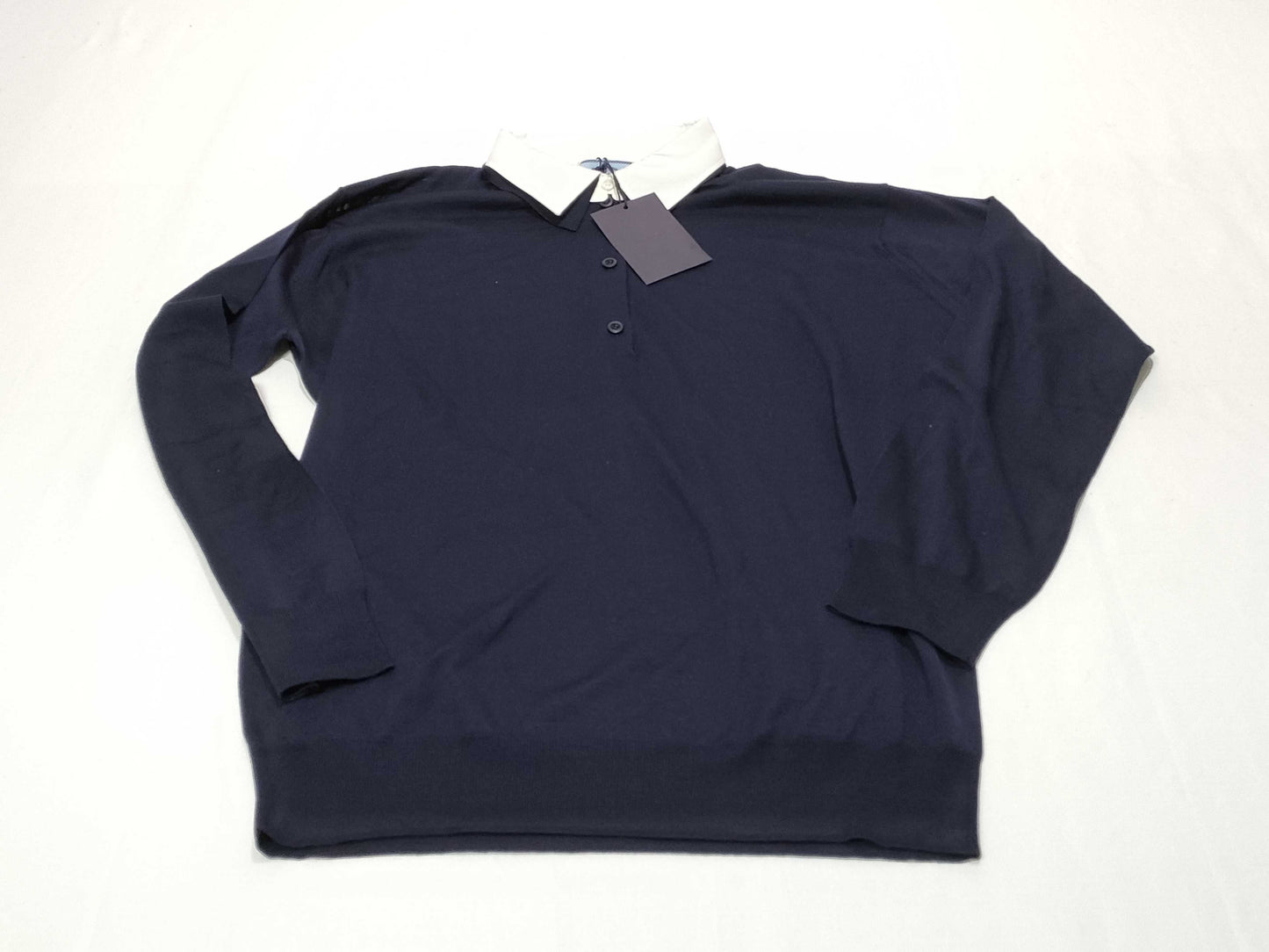 PRADA Prada 24 Wool Knit Top with Detachable Collar, DNA00T Navy, Size 44