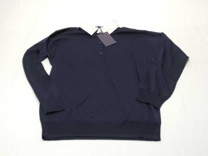 PRADA Prada 24 Wool Knit Top with Detachable Collar, DNA00T Navy, Size 44