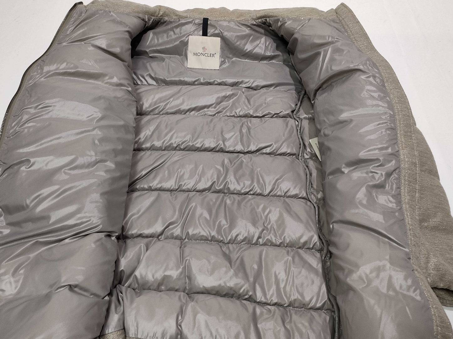 MONCLER 2020 TORCON Wool Down Jacket with Lamé Logo Plate, Beige, Size 2 