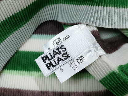 PLEATS PLEASE Short Sleeve Crew Neck Top with Striped Pattern, PP11-FK343, Green x Brown, Size 3, Top