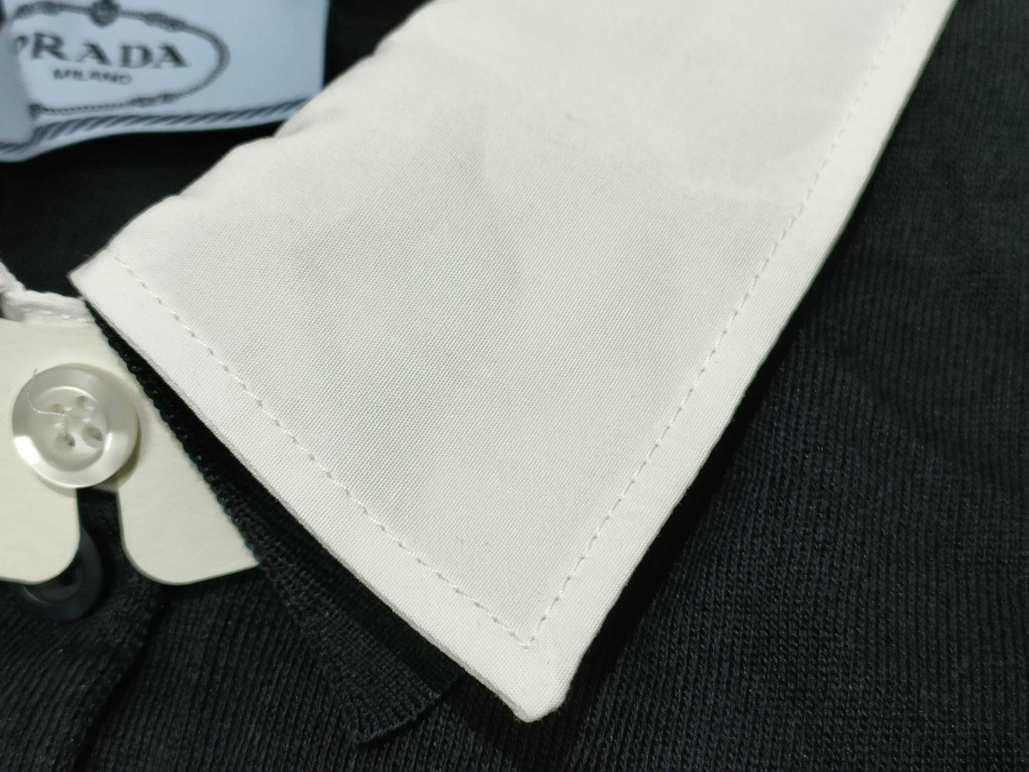 PRADA 24 Silk and Cotton Knit Polo Shirt with Detachable Collar, DNA02S, Black and White, Size 46, Tops