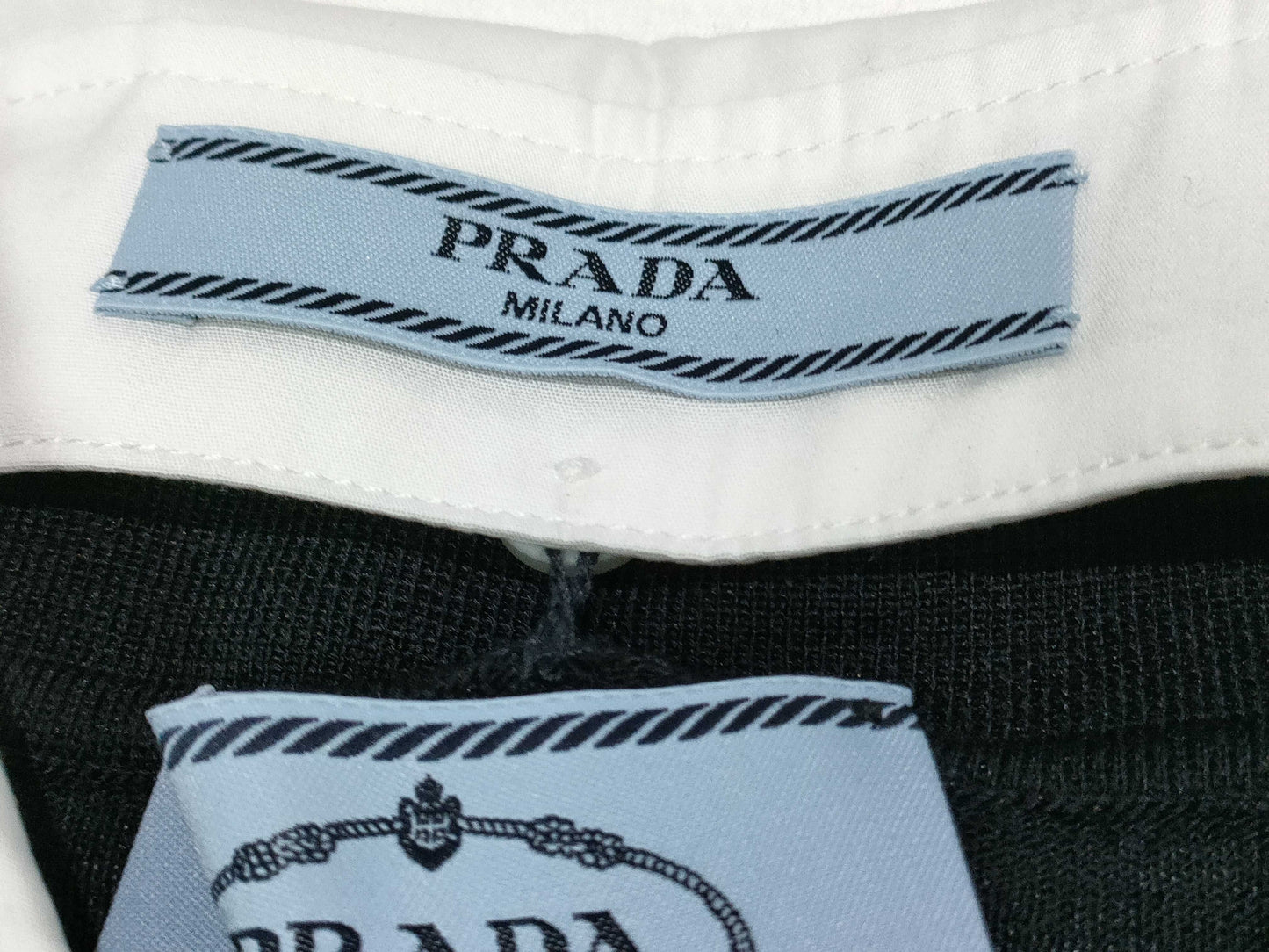 PRADA 24 Silk and Cotton Knit Polo Shirt with Detachable Collar, DNA02S, Black and White, Size 46, Tops