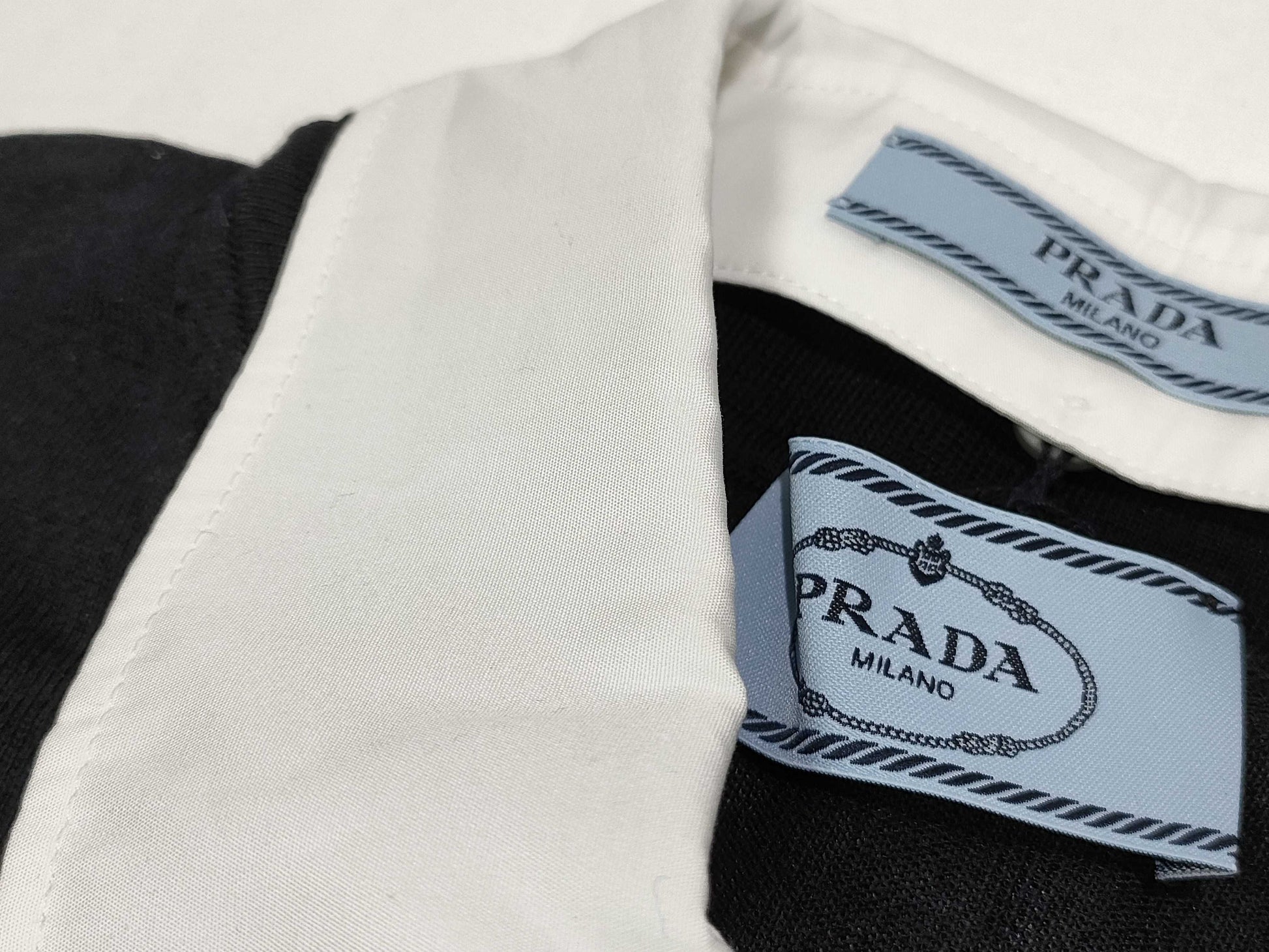 PRADA 24 Silk and Cotton Knit Polo Shirt with Detachable Collar, DNA02S, Black and White, Size 46, Tops