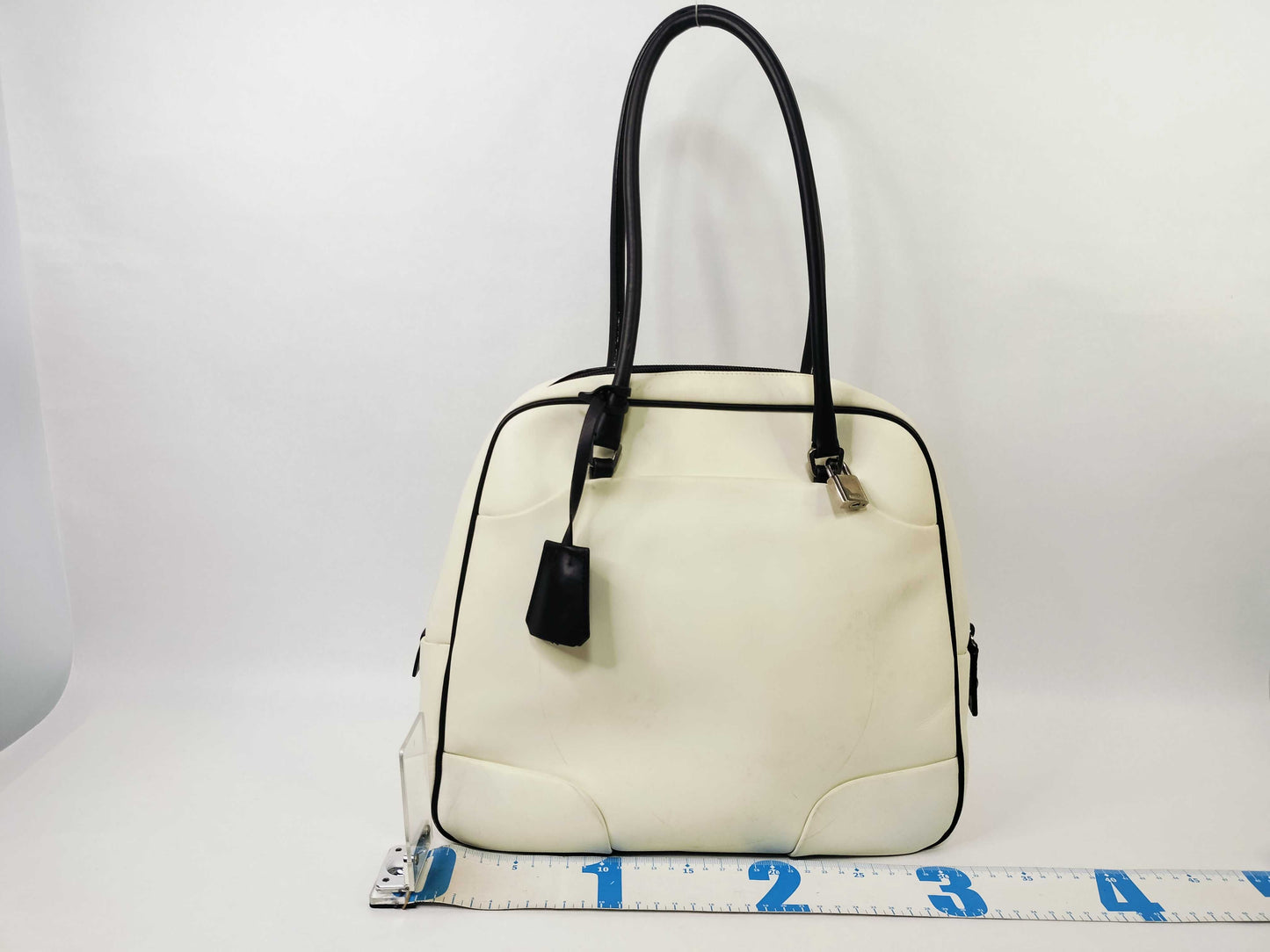 PRADA All Leather Bowling Bag Boston Bag Two-Tone Boston Bag