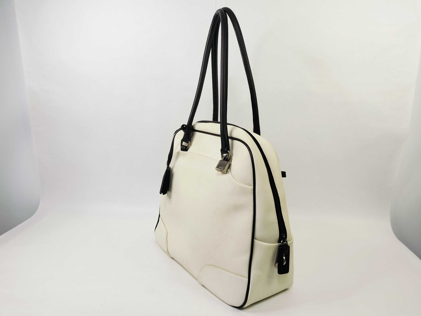 PRADA All Leather Bowling Bag Boston Bag Two-Tone Boston Bag