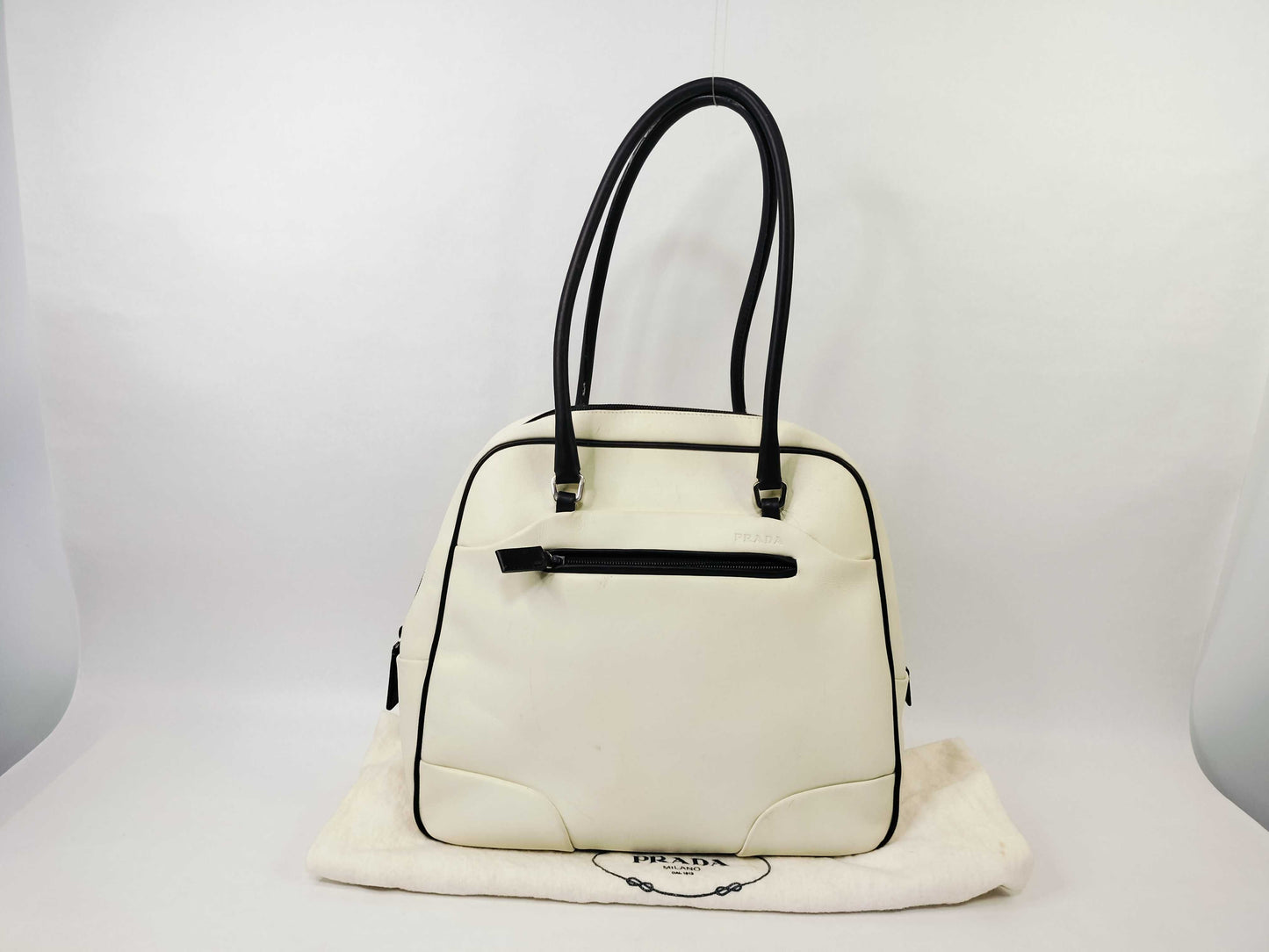 PRADA All Leather Bowling Bag Boston Bag Two-Tone Boston Bag