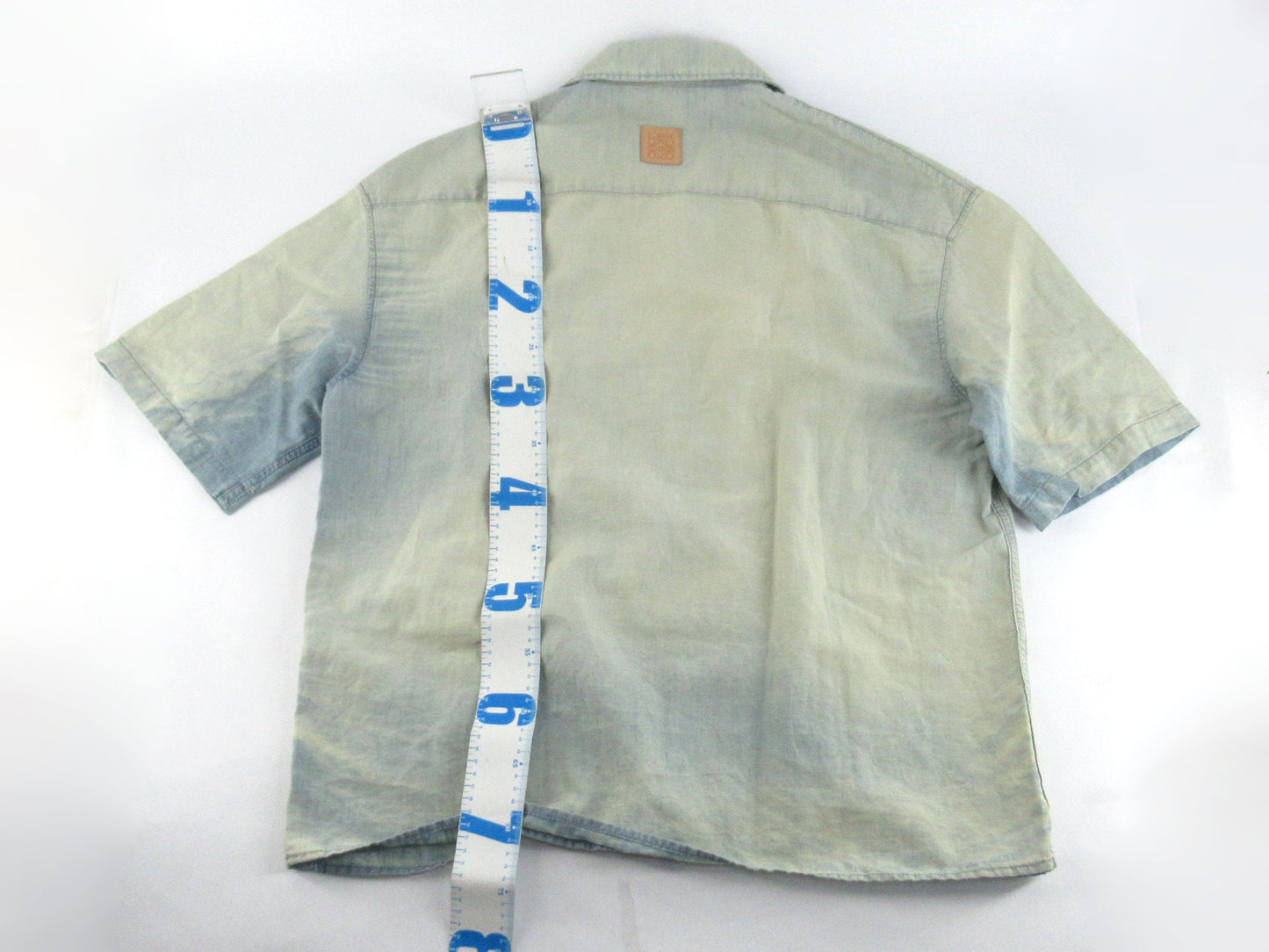 LOEWE 24SS Leather Logo Patch Washed Distressed Short Sleeve Shirt Size 38 Tops