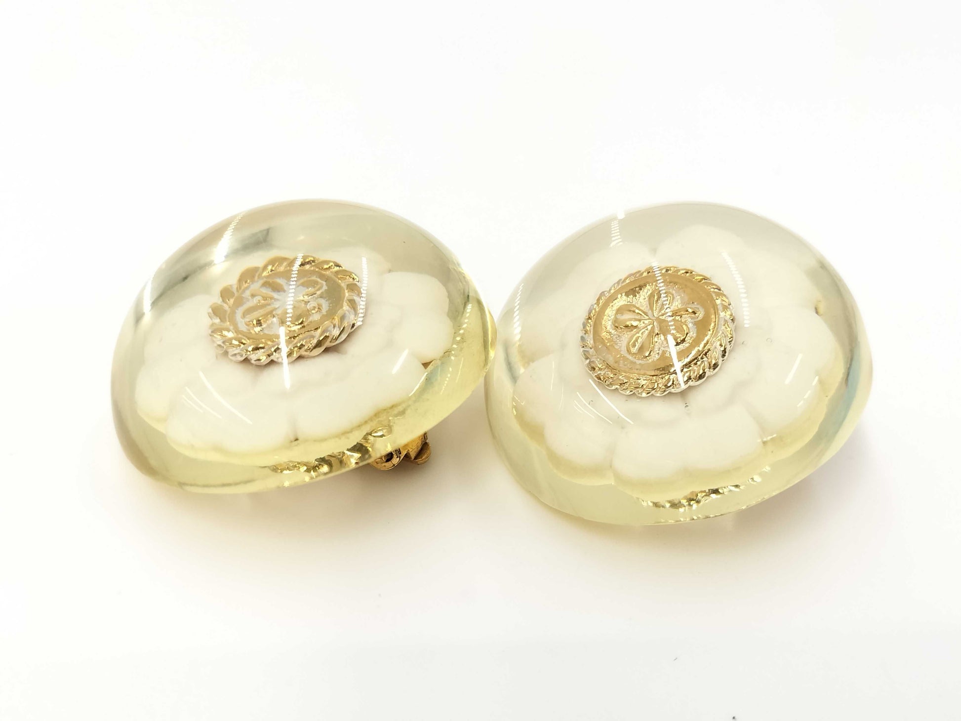 CHANEL engraved camellia and clover large earrings